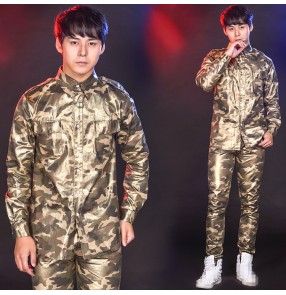 Men's jazz dance printed camouflage shirts singers host gogo dancers night club stage performance modern dance tops shirts