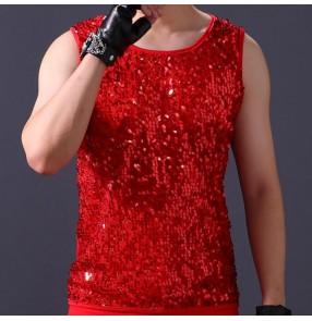 Men's jazz dance sequin vest for male red white modern dance stage performance singers gogo dancers night drummer model show competition tops