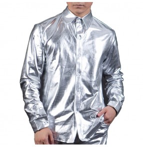 Men's jazz dance silver shirts stage performance male patent leather glitter night club singers gogo dancers host barber tops shirts