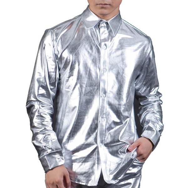 Men's jazz dance silver shirts stage performance male patent leather ...