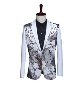 Men's jazz dance singer performance blazers floral paillette modern dance host night club dance tops jackets blazer