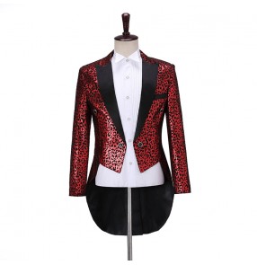 Men's jazz dance singers Magician Leopard Print Tuxedo Suit long coats for male Fashion Conductor Stage Bel Canto Singer Live Jazz Dance Performance