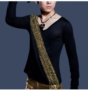 Men's jazz dance t shirts gold rivet night club dj hiphop singers stage performance pole dance tops shirts