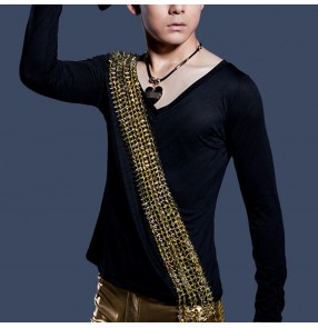 Men's jazz dance t shirts gold rivet night club dj hiphop singers stage performance pole dance tops shirts