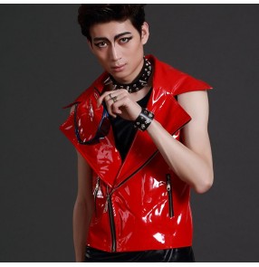 Men's jazz dance vest red white black leather singers host night club dj gogo punk rock dancing drummer performance waistcoats