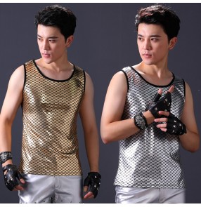 Men's jazz dance vests male paillette gold silver modern street punk rock night club stage performance tops 