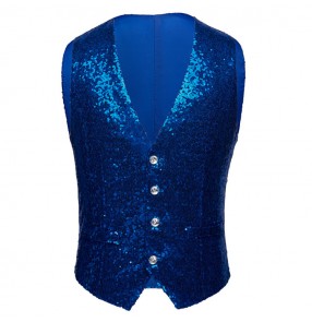 Men's jazz dance vests paillette royal blue red gold silver singers chorus stage performance night club ds dj host competition model show cosplay waistcoats