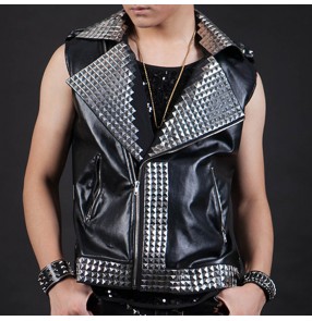 Men's jazz dance waistcoat rivet pu leather hiphop dance vests night club singers gogo dancers stage performance vest 