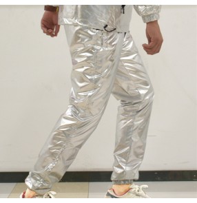 Men's jazz hiphop dance leather pants rapper singer modern dance gogo dancers stage performance long trousers 