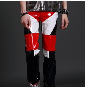 Men's jazz modern dance pants patchwork singers leather punk rock pole dancing gogo dancers night club dj performance trousers