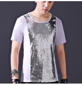 Men's jazz singers host drummer stage performance t shirt white silver patchwork night club dj cosplay gogo dancers tops 