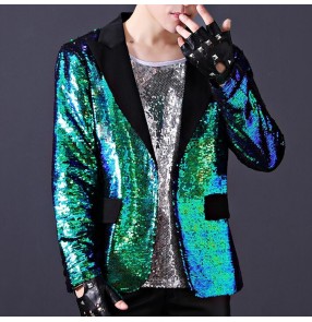 Men's jazz singers performance blazers green paillette night club dj drummer host modern dance punk rock stage dancing coats jackets