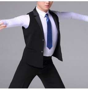 Men's Latin ballroom dance black waistcoats short length lapel collar competition stage performance waltz tango dance vest for male