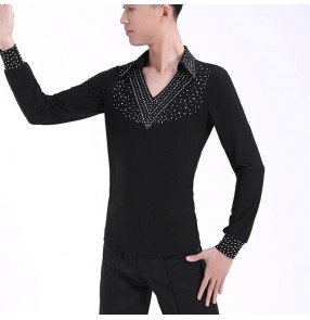 Men's latin ballroom dance shirts tops stage performance rhinestones competition samba salsa chacha dance tops shirts