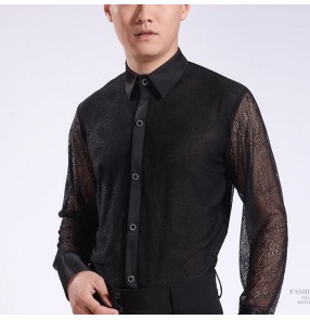 Men's latin ballroom dancing shirts lace sleeves male stage performance competition waltz tango chacha salsa dance shirt tops 