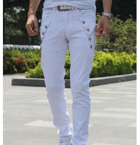 Men's latin ballroom waltz tango dance skinny pants skull pattern male night club dj  dance slim fit trousers