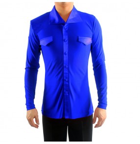 Men's latin shirts for male royal blue red black white competition stage performance professional tango waltz dancing tops 