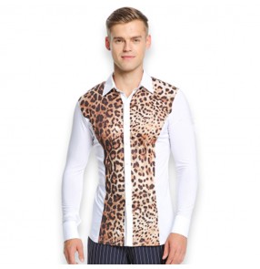 Men's latin shirts long sleeves leopard competition stage performance ballroom waltz dancing tops dance shirt