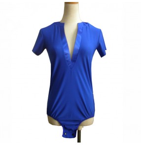 Men's latin shirts tops royal blue color v neck short sleeves ballroom salsa chacha rumba samba dancing leotards tops