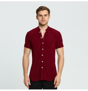 Men's latin shirts wine color short sleeves competition stage performance professional ballroom tango waltz dancing tops 