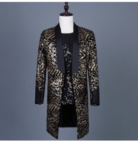 Men's leopard gold sequin jazz dance blazers singers host night club bar rock dance model show stage performance long coats