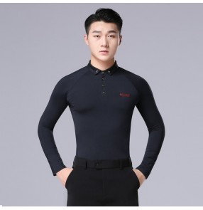 Men's male competition stage performance ballroom latin dance shirt tops long sleeves black professional samba chacha dance t shirts