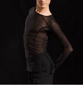 Men's mesh long sleeves black ballroom latin dance shirts modern competition dance waltz tango dance tops for man