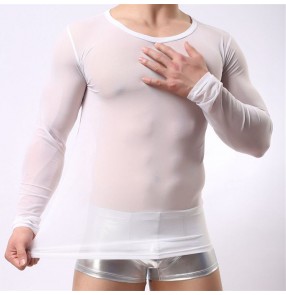 Men's mesh see through white black jazz latin dance shirts pole hot dance stage performance tight sexy tops