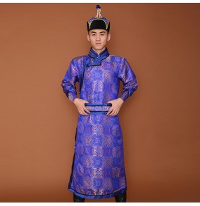 Men's minority Mongolian dance robe male satin long Mongolian clothing ethnic minority mongolia stage performance dance costumes for men