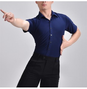 Men's navy blue latin dance shirts youth ballroom dance top for male stage performance waltz tango flamenco dance short sleeves shirts for men