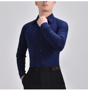 Men's navy long sleeves latin dance shirts ballroom competition stage performance shirts for male waltz tango salsa chacha dance tops