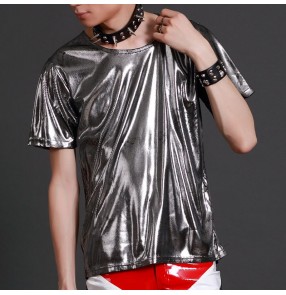 Men's Nightclub male singer jazz dance shiny t shirts solid gold yellow silver color hiphop gogo dancers short-sleeved t-shirt stage performance clothing night bar dj hip hop stage outfits