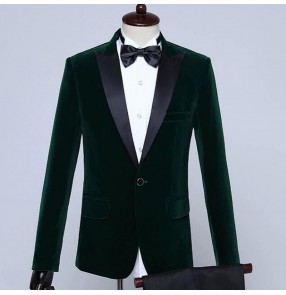 Men's party stage performance dark green royal blue wine black velvet blazers singer host performing coat blazers