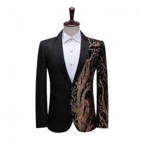 Men's personality singer night club dancers stage performance black red blazers tree pattern dress suits for male jacket stage studio bar DJ host singer suit