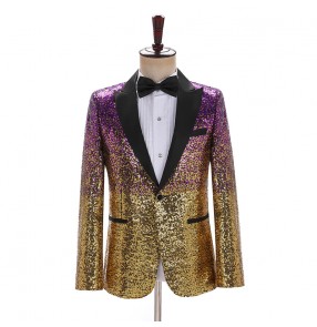 Men's purple with gold gradient sequined jazz dance singers performance blazers host video shooting glitter coats groomsmen dress suit