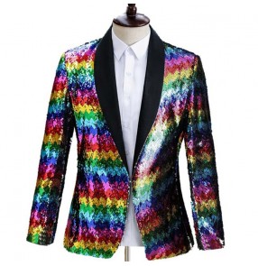 Men's rainbow colored sequined gradient glitter suit jazz dance singers host jacket stage performance singer dress blazers performance suit