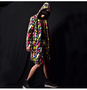 men's rainbow printed jazz dance long hoddies coats hiphop singers male stage sperformance model show long cloak only coat