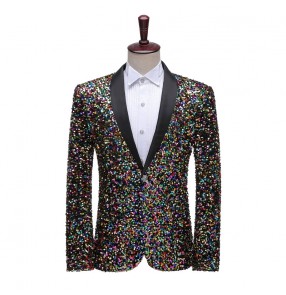 Men's Rainbow Sequined jazz singers host stage performance blazers lapel coat bar dj night club video photos shooting jackets for male