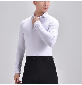 Men's red black short sleeves latin dance shirts stage performance competition waltz tango chacha rumba chacha dance tops for male