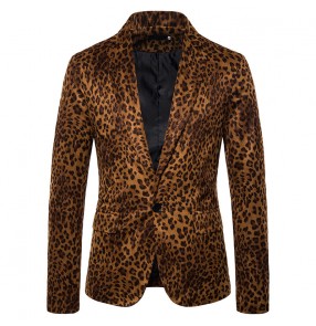 Men's red brown leopard singers jazz dance coats host night club bar dj ds groomsman performance blazers