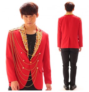 Men's  red colored jazz dance jacket night club dj singers host hiphop stage performance blazers coats