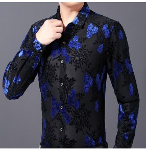 Men's red royal blue floral velvet latin dance shirts male stage performance ballroom tango dance tops shirts