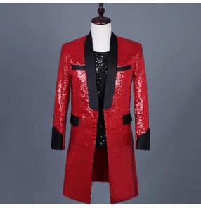 Men's red sequin singer host jazz dance long blazers night club dj bar model stage performance long coats