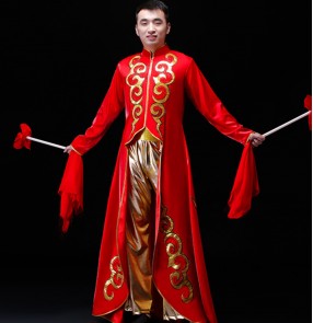 Men's red with gold chinese dragon drummer performance costumes stage performance Chinese waist drum water drum opening dance costume