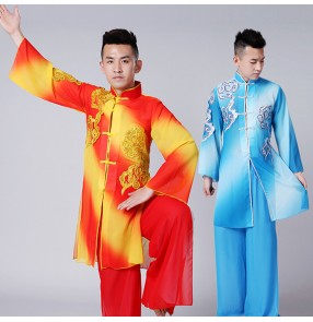 Men's red with gold chinese folk dance costumes wushu martial dragon style drummer taichi martial stage performance uniforms costumes