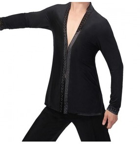 Men's rhinestones black ballroom latin dance cardigans stage performance salsa chacha dance tops 