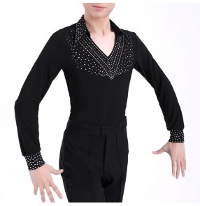 Men's rhinestones competition latin dance shirts ballroom waltz tango chacha dance tops shirts