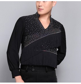 Men's rhinestones fringes latin dance shirts stage performance ballroom salsa chacha dance tops shirts