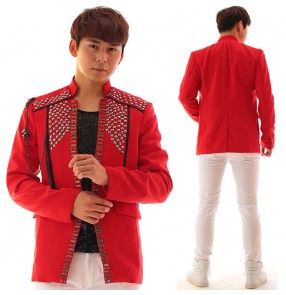 Men's rhinestones jazz dance red blazers night club dj singers host stage performance coats model show coats