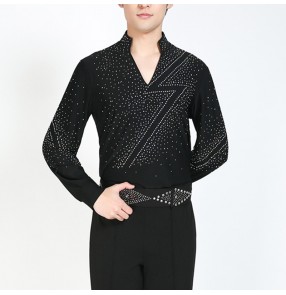 Men's rhinestones latin dance shirts stage performance ballroom chacha salsa dance tops shirts